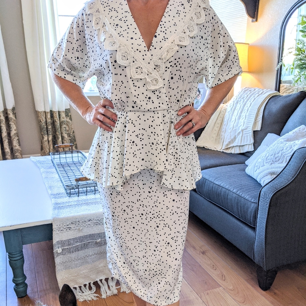 Vintage 80's Navy Blue and White Polka Dot Dress